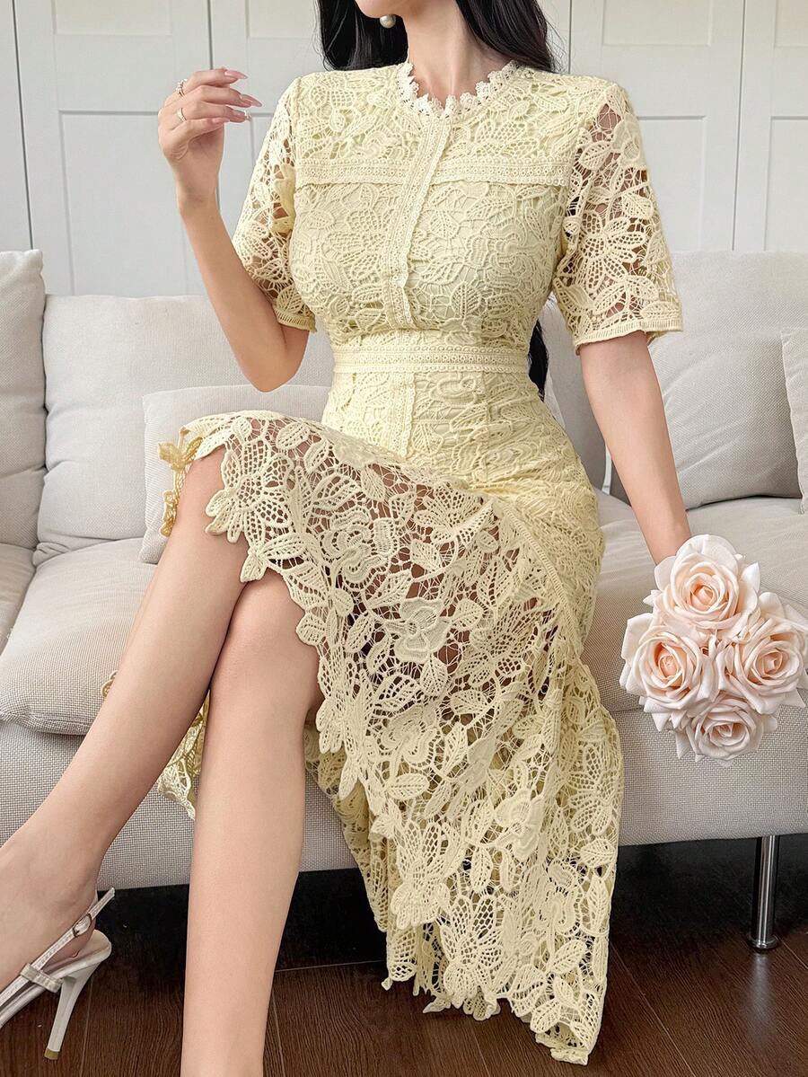 DAZY Đầm dài ren cổ tròn, viền bèo nhún thanh lịch dành cho nữ, thích hợp cho mùa xuân/hè, váy dự tiệc cưới, đầm mùa hè. - Vàng nhạt - Xem 1