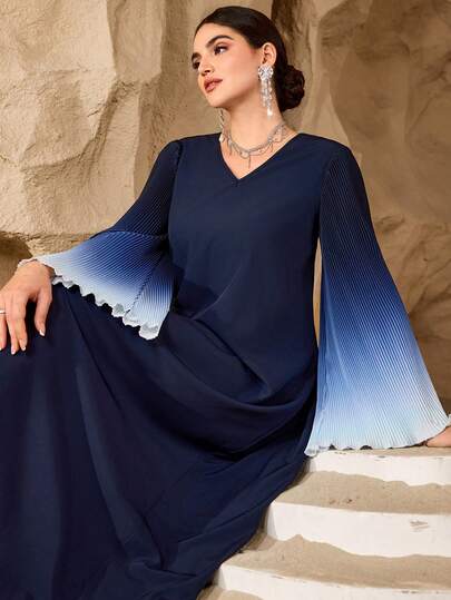 Al Najma Vestido de estilo árabe con cuello en V, mangas acampanadas y plisadas, y efecto degradado, de estilo minimalista y casual para mujer