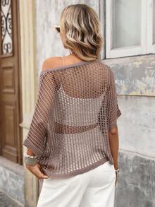Brillora Women's Summer Beach Vacation Hollow Out Sheer Batwing Sleeve Loose Sweater - Brown - View 2