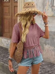 Brillora Round Neck Hollow Out Knit Crochet Patchwork Tassel T-Shirt - Dusty Pink - View 5