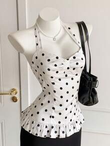 Comfortcana Women's Sweet Polka Dot Print Ruffle Hem Halter Top - White - View 7