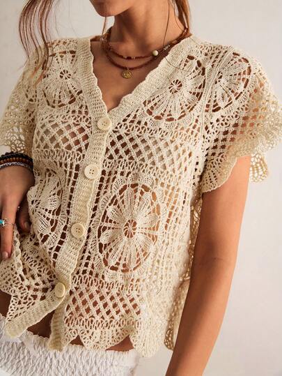Freevana Women's Solid Color V-Neck Hollow Embroidered Casual Short Sleeve Cardigan Crochet Top Cute Top Summer Tops Beach Outfits For Woman Vacation Outfits Woman Country Style Bohemian Style Knitted Patterns