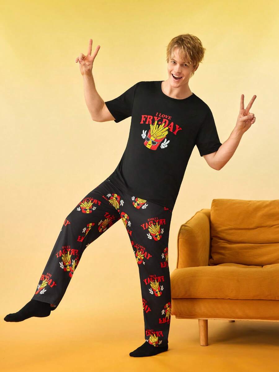 Notgurli Conjunto de pijama con Top de manga corta con cuello redondo con estampado de letras y papas fritas, y pantalones con estampado a cuadros - Negro - Ver 1