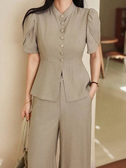 Dazy-Less Women's Solid Color Mandarin Collar Single-Breasted Short Sleeve Top And Wide Leg Pants Casual Suit For Commuting And Outings