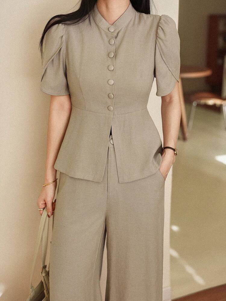 Women's Solid Color Mandarin Collar Single-Breasted Short Sleeve Top And Wide Leg Pants Casual Suit For Commuting And Outings,Wedding Guest Dress Women Business Casual Woman
