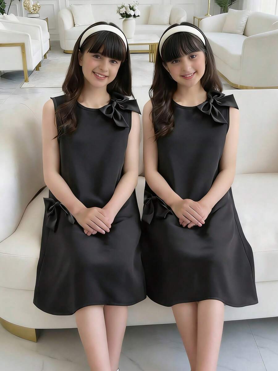 Vestido negro elegante para niñas, decorado con moño, vestido recto de línea A de alta calidad, tela tejida, suave y cómodo, adecuado para uso diario, cumpleaños, eventos y fiestas - Negro - Ver 1