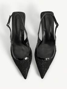 CUCCOO CHICEST 蕾丝花卉优雅尖头高跟凉鞋，新中国风，适合追求时尚的女性，非常适合日常通勤、约会或搭配旗袍/连衣裙出席轻宴会、婚宴、春季新娘鞋等场合。 - 黑色 - 查看 2