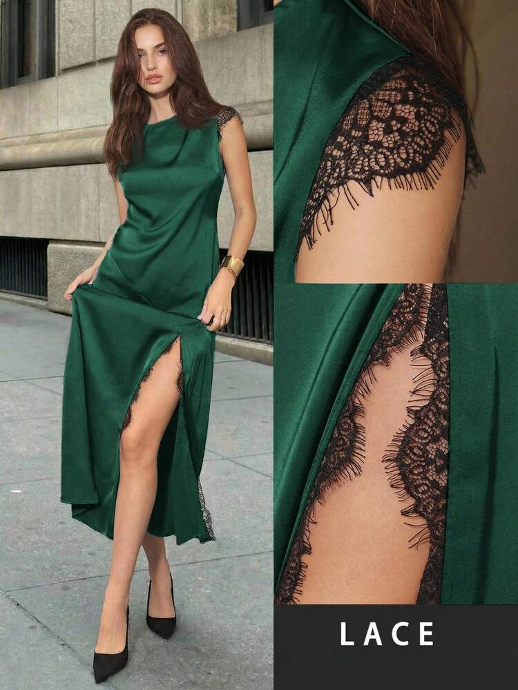 SHEIN Maija 2026 Women's Lace Patchwork Flare Sleeve Round Neck High Slit Dress, Suitable For Party Green Sexy Dress Split Thigh Dress Lace Trim Dress Green Dress  St Patrick's Day Women Easter Summer Outfits Easter Dress Women Party Top Beach Dress Summer Holiday Outfits Each Vacation Outfits For Women  Summer Outfit For Women Going Out Outfits Graduation Graduation Outfit  Casual Dresses  Casual Blouses For Women
