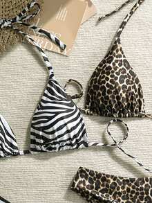 Swim Vcay 2026春夏吊带黑白斑马纹+黑棕豹纹吊带露背高衩丁字裤比基尼四件套泳衣，适合度假和派对穿着 - 彩色 - 查看 3