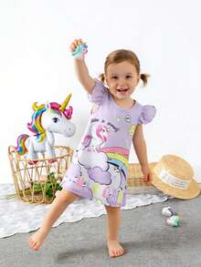 SHEIN Baby Girl Round Neck Cartoon Letter Print Ruffle Sleeve Dress, Suitable For Daily Wear - Purple - View 3