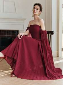Anewsta 女士长袖酒红色长款褶裥A字连衣裙，优雅正式礼服，适合婚礼、派对、宴会等场合 - 酒紅色 - 查看 7