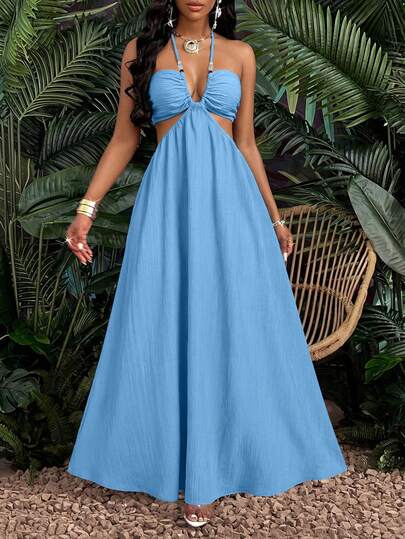 SOLERSUN Women's Solid Color Cotton Linen Halter Neck Strapless A-Line Dress, Suitable For Vacations, Casual Vacations, Beach Dresses, Colorful Vacation Dresses, Fashionable Vacation Dresses, Everyday Work Dresses, Music Festival Dresses, Dresses.