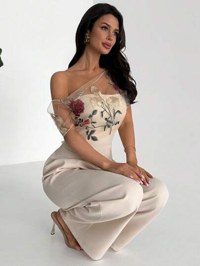 Firerie Elegant Floral Embroidery Mesh Patchwork Wide Leg Jumpsuit For Women