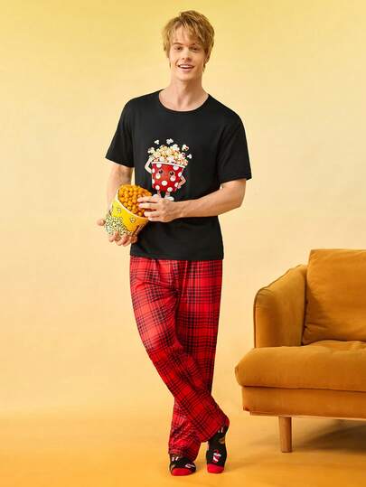 1 pieza Parte superior de ropa de estar en casa con estampado de palomitas de maíz para hombre