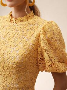 Anewsta Spring And Summer New Openwork Water-Soluble Lace Embroidered Slim Waist Stand Collar Puff Sleeve Asymmetrical Hem Elegant Mid-Length Dress - Pale Yellow - View 2