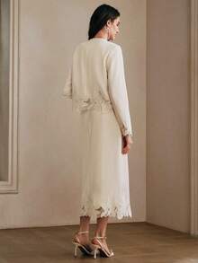 Anewsta 女士优雅刺绣圆领长袖上衣搭配米色半裙套装，春季穿搭 - 杏色 - 查看 7