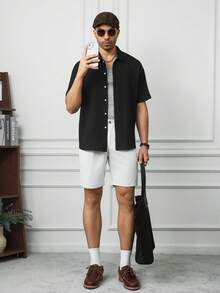 HUEFORM 男士休闲精致日常通勤衬衫 男士纹理衬衫 男士黑色短袖衬衫 - 黑色 - 查看 5