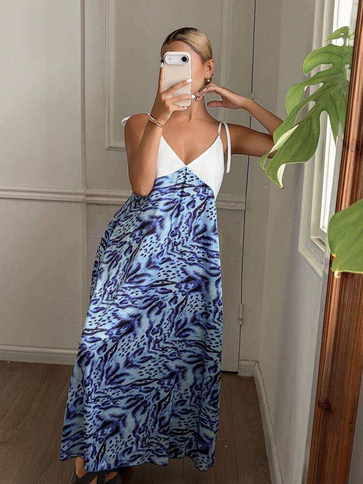 Summer Vacation Style Color Block Leopard Print Sleeveless Long Nightgown For Women