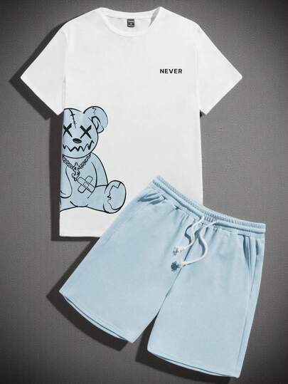 HIMLAND Men's Letter & Fruit Print Round Neck Short Sleeve T-Shirt And Striped Shorts Casual Suit ,Men's Simple Chest Logo Graphic Tee And Shorts ,Summer Beach Outfit With Sunglasses Styling  ,Vertical Striped Green Shorts With White Drawstring ,Relaxed Fit Vacation Co-Ord Set Men ,Soft Blend Lounge Wear Set ,Preppy Style Apple Graphic T-Shirt Outfit ,Clean Aesthetic Summer Clothes For Guys ,Men's Summer 2-Piece Outfit ,Casual Beach Vacation Wear ,Clean Chest Graphic Tee