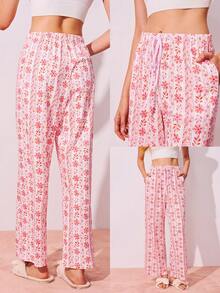 夏季女士柔软棉质四季舒适波西米亚风粉色碎花阔腿睡裤 - 女士柔软宽松家居裤睡衣棉质睡衣 - 粉色 - 查看 3