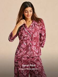 LUVLETTE 奢华休闲睡衣优雅酒红色花卉睡衣套装 - 柔软缎面长袖上衣和长裤，白色滚边 奢华休闲睡衣睡衣 - 紅色 - 查看 5