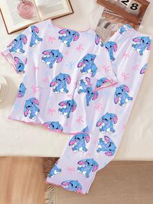 一套少女睡衣，简约紫色底色，饰有兔子和蝴蝶结印花，撞色滚边短袖长裤休闲家居服 - 杏色 - 查看 2