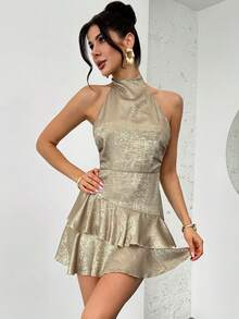 Firerie Women's Elegant Party, Gathering, Music Festival Dress, Gold Coated Material, Halter Neck Tie, Backless, Waist Cinched, Ruffle Hem Short Dress, Vacation, Party, Wedding Season - Gold - View 1