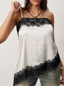 Enliva Áo hai dây phối ren satin cỡ lớn dành cho nữ, vạt áo bất đối xứng với chi tiết ren trang trí, áo mặc đi chơi, phù hợp với dáng người quả táo và tròn trịa, thích hợp cho mùa hè. - Màu be - Xem 2