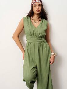 Enliva 女士纯色深V领褶皱无袖连体裤 夏季绿色休闲款，适合圆润身材曲线 - 綠色 - 查看 6
