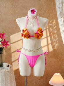 Bonvoyette 3pcs Women's New Floral Halter Backless Swimsuit Top And Tie Side Swim Bottoms With Beach Skirt Sexy Swimwear Set - Multicolor - View 7