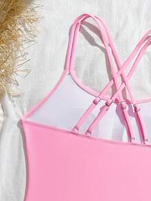 SHEIN 少女纯色吊带连体泳衣，适合海滩度假、泳池派对、沙滩派对 - 淺粉色 - 查看 6