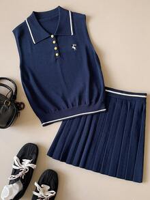 Muvela 两件套：藏蓝色翻领无袖背心和半身裙，复古学院风，优雅百搭，适合派对、通勤、办公、日常穿着。 - 藏蓝色 - 查看 5