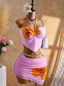 Bellisia Bộ đồ bơi 3 mảnh dành cho nữ, màu hồng in hoa, cổ yếm, kiểu sarong ngắn và quần bikini, thích hợp cho kỳ nghỉ hè. - Hồng - Xem 6