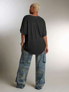 Denimoi 半透明深V领翻领宽松上衣 时尚街头风性感上衣 宽松Polo衫 - 深灰色 - 查看 2