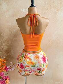 Soleia 女士度假两件套：串珠吊带上衣 + 印花迷你裙，休闲百搭，适合度假、约会、下午茶、海滩、邮轮、城市旅行、音乐节、派对、波西米亚风、嬉皮风等各种场合，四季皆宜，日常通勤也适用。 - 橘色 - 查看 2