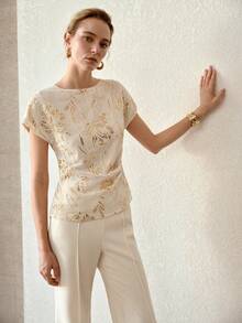 MOTF PREMIUM 夏季亮片镂空花卉刺绣女式衬衫，时尚独特设计 - 杏色 - 查看 7