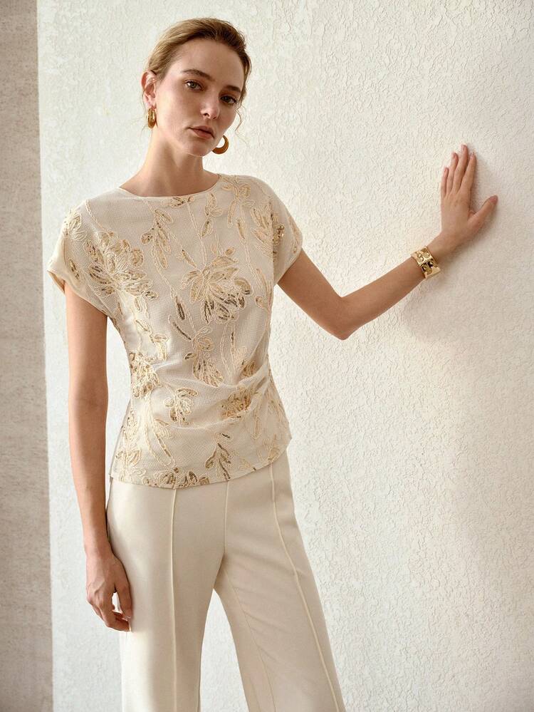 SUMMER SEQUIN HOLLOW FLORAL EMBROIDERY BLOUSE, FASHIONABLE UNIQUE DESIGN WOMEN BLOUSE