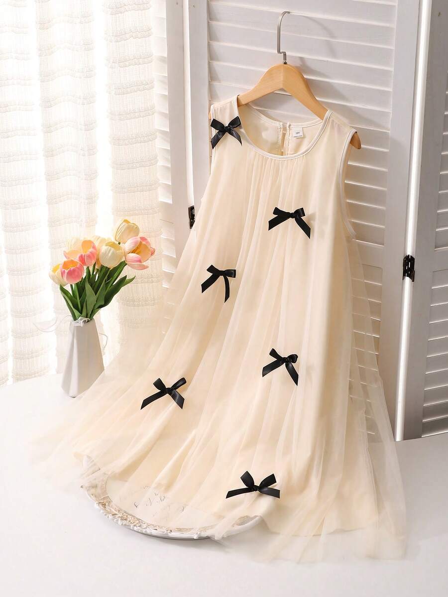 SHEIN Girls' Elegant Ruffled Pearl Decor Mesh Dress - Apricot - View 1