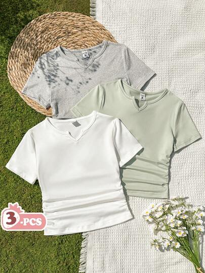 Vintaside Kids 3pcs Girls' Solid Color V-Neck Short Sleeve Fitted Basic T-Shirts