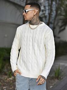 Devon Thys 1pc Men's White Mock Neck Drawstring Jacquard Casual Collegiate Pullover Sweater, Fall/Winter, Long Sleeve Top - White - View 5