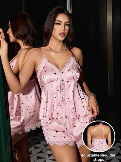 SHEIN Heart Print Contrast Lace Contrast Color Satin Backless Camisole & Shorts Pajama Set, Plus Size