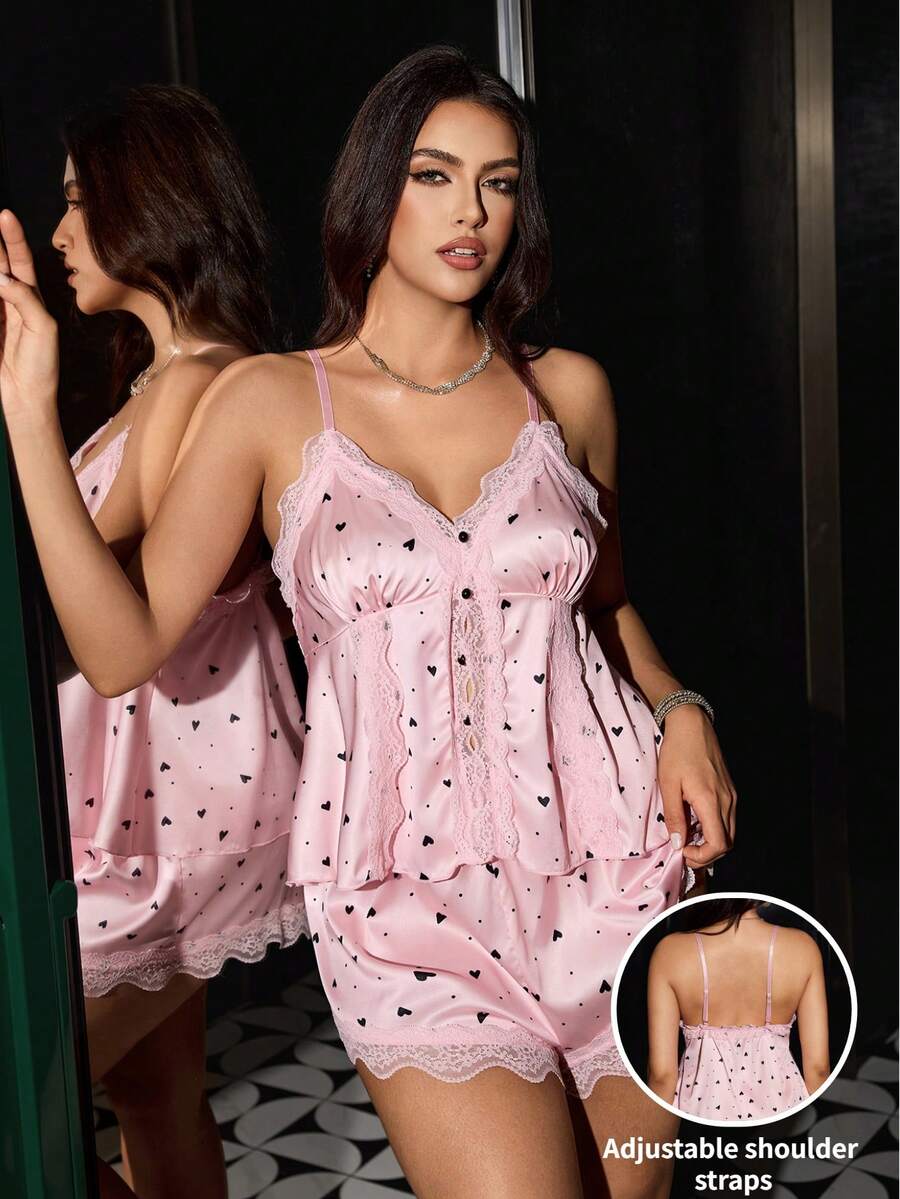 SilkySpell Herz-Muster Kontrast Spitze Kontrast Farbe Satin rückenfrei Camisole & Shorts Pyjama Set, Große Größen - Pink - Übersicht 1