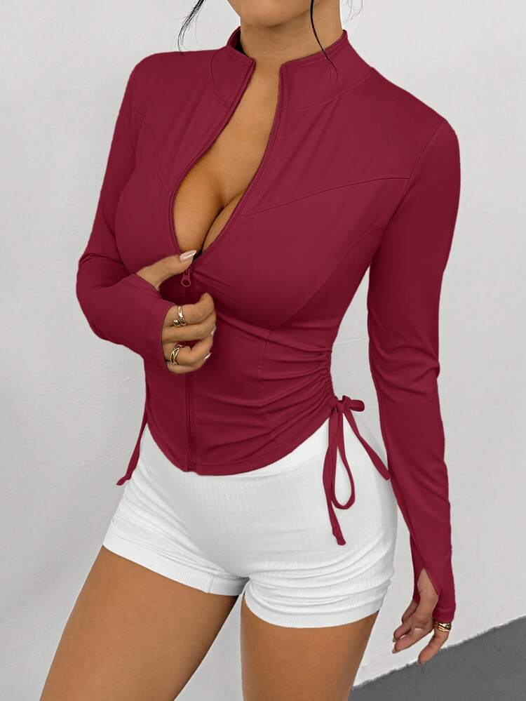 Women's Fitted Cinched Waist High Neck Sports Jacket, Suitable For Spring And Summer