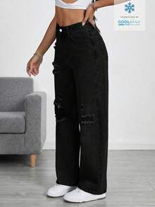 StreetHx Women's Fashion Solid Color Distressed Straight Leg Jeans - Black - View 6
