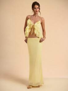 SHEIN BAE 2pcs/Set Women's Solid Yellow Backless Tie Strap Ruffle Camisole Top & Low Waist Skirt, Textured Pleated Beach Resort Outfit, Summer Yellow Set - Light Yellow - View 3