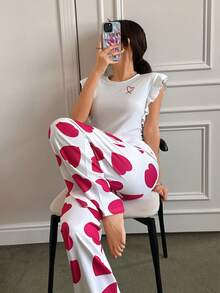 SHEIN Napfluff Heart Print Short Sleeve & Pants Cute Pajama Set - White - View 6