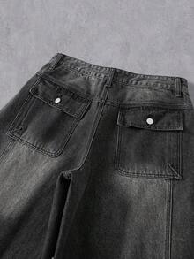 Manfinity Denimwave 男士休闲街头风做旧弧形拼接阔腿深灰色牛仔裤 - 深灰色 - 查看 4