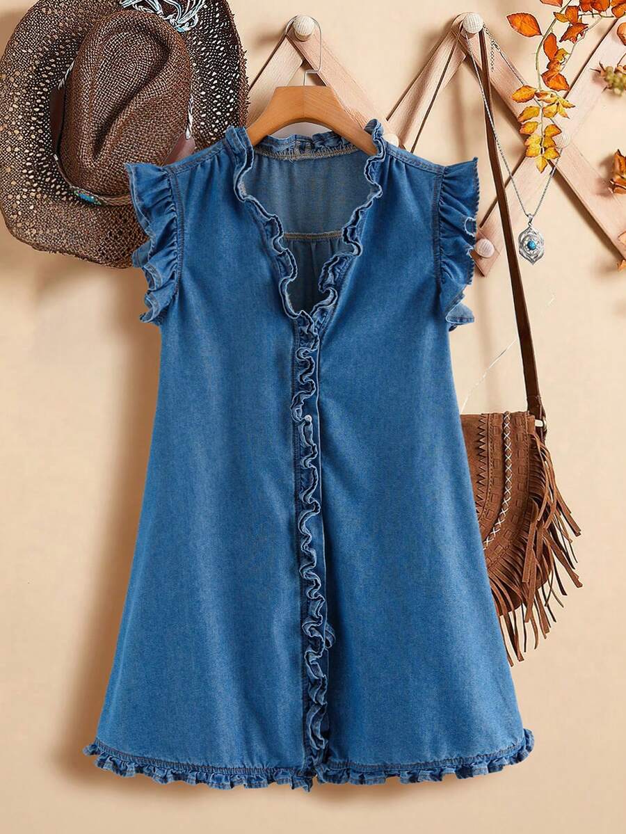 EMERY ROSE 女士休闲荷叶边牛仔连衣裙 - 藍色 - 查看 1