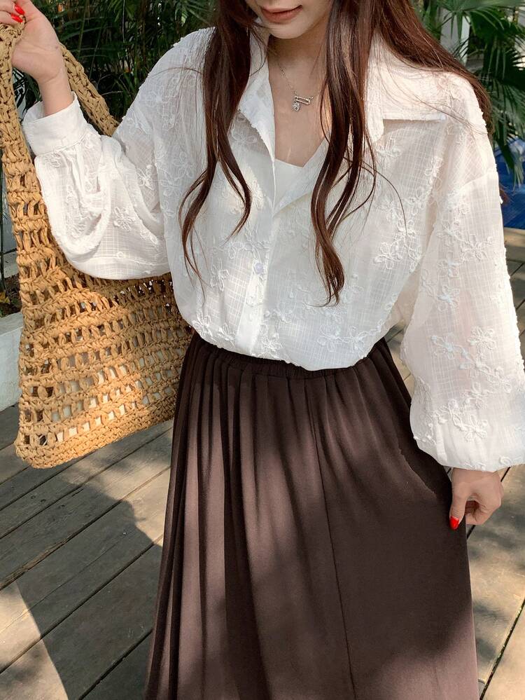 Women's Solid Color Front Button White Long Sleeve Top And Brown Pleated Skirt Elegant 2-Piece Set
