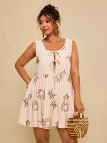 Travachic Vestido mini sin mangas con lazo de amarre y falso bordado en la parte delantera, en color caqui, para tallas grandes y uso casual y versátil - Caqui - Ver 7